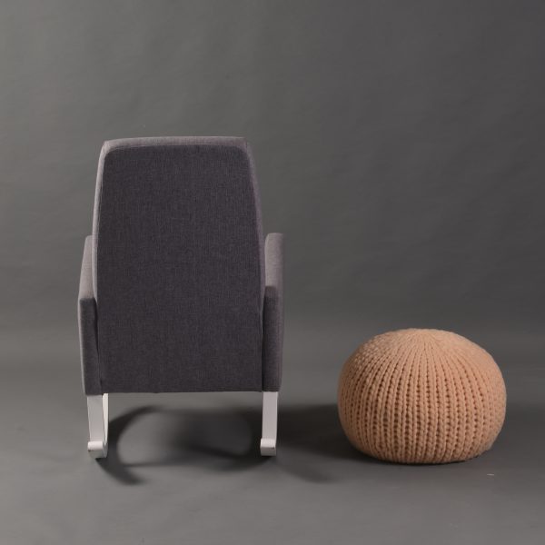 Nursery Rocking Chair Back View Back view of gray upholstered nursery rocking chair with wooden rocking base