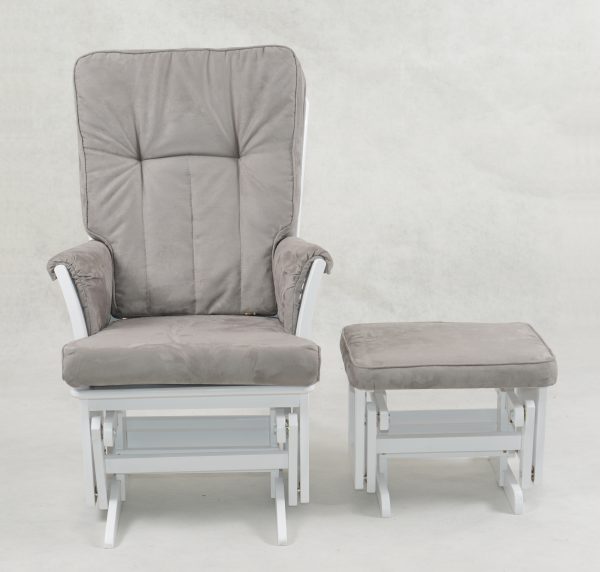 Gray Nursery Glider Chair - Front View Front view of gray nursery glider chair with matching ottoman