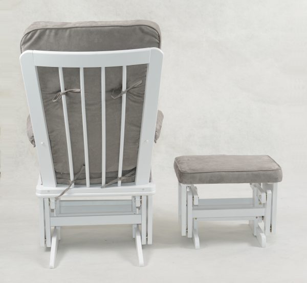 Gray Nursery Glider Chair - Rear View Rear view of gray wooden nursery glider chair with matching gliding ottoman