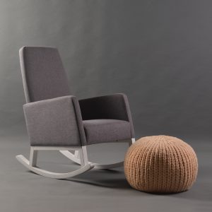 Upholstered nursery rocking chair with gray fabric and white wooden base