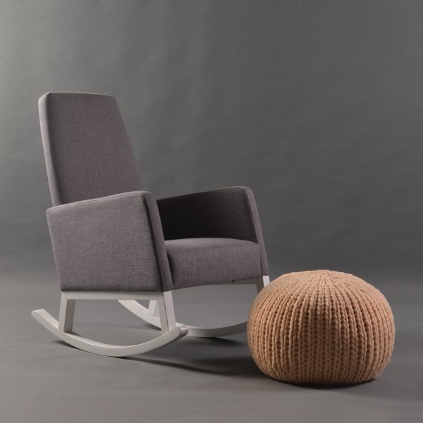 Upholstered Nursery Rocking Chair Upholstered nursery rocking chair with gray fabric and white wooden base
