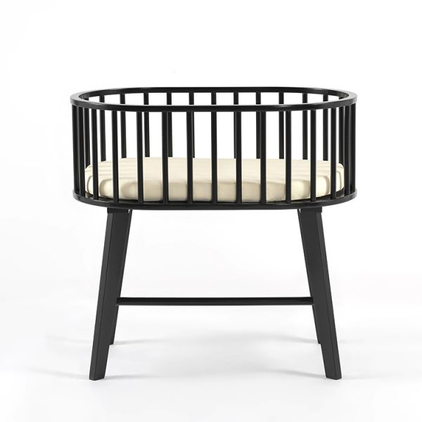 Black baby bassinet with oval wooden frame and raised four-leg stand, front view
