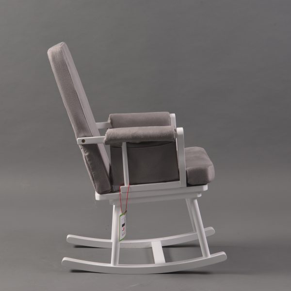 White Nursing Glider Rocking Chair with grey upholstered seat and wood rocking base