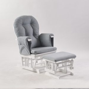 Gray upholstered wooden nursery glider chair with gliding ottoman