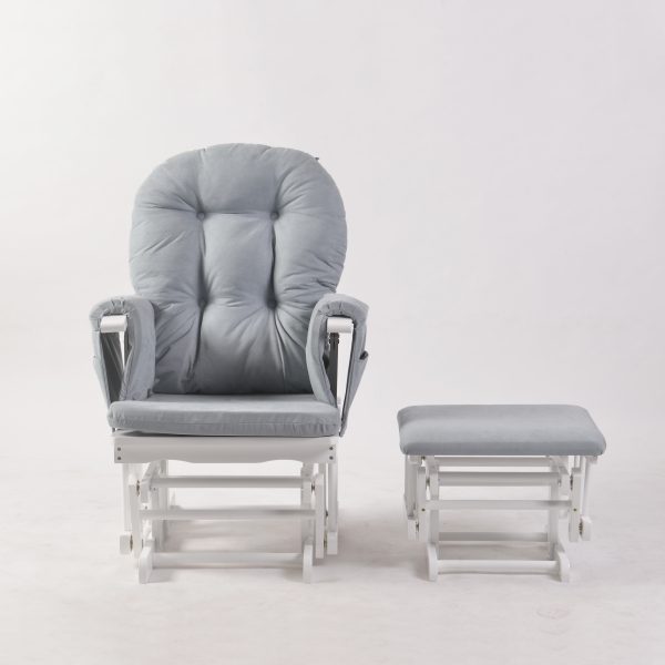 White nursery glider chair with gray cushions and matching ottoman