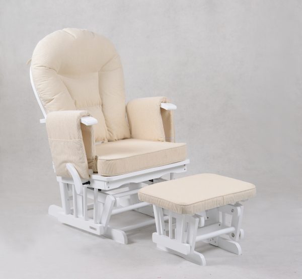 White Padded Nursery Glider Chair White padded wooden nursery glider chair with cream upholstery and ottoman