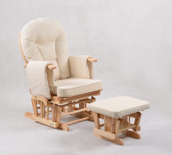 Padded Wooden Nursery Glider Chair Padded wooden nursery glider chair with natural frame and matching ottoman