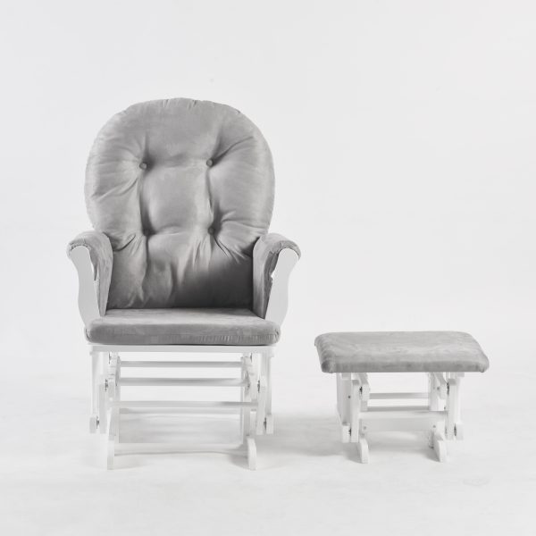 White Wooden Nursery Glider Chair White wooden nursery glider chair with gray upholstery and matching gliding ottoman