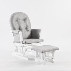 Classic nursery glider chair with gray tufted cushion and matching ottoman