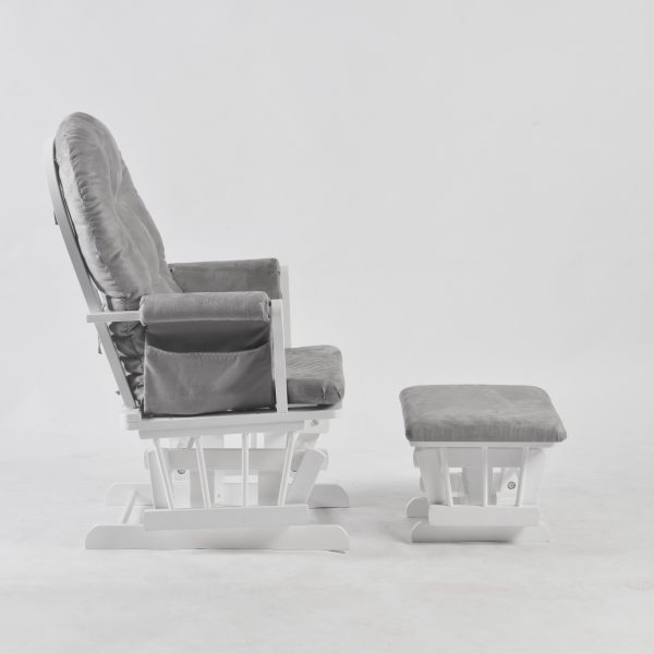 Nursery Glider Chair Side View Side view of classic nursery glider chair with padded armrest and ottoman