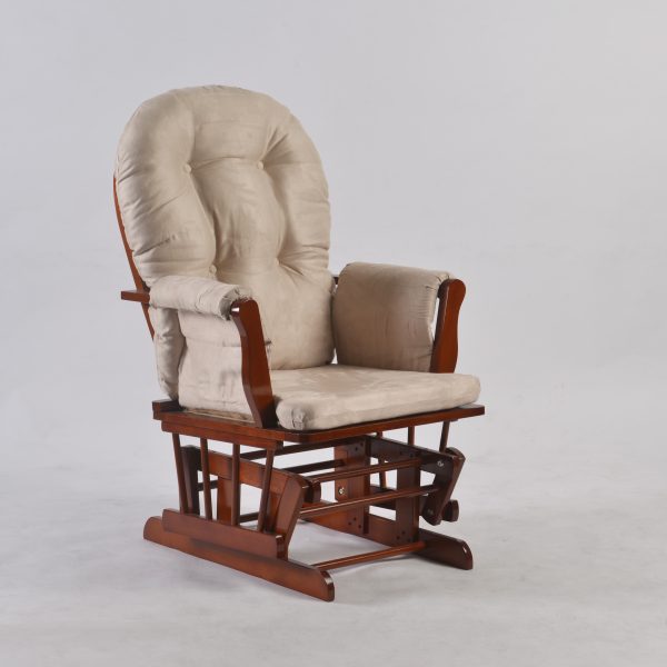 Dark Wood Nursery Glider Chair Dark wood nursery glider chair with beige padded tufted backrest