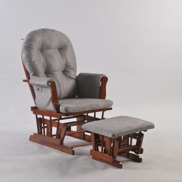 Dark Wood Glider Chair with Ottoman Dark wood nursery glider chair with gray cushion and matching ottoman