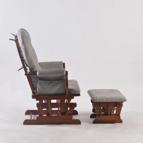 Wooden Nursery Glider Side View Side view of dark wood nursery glider chair with storage pocket