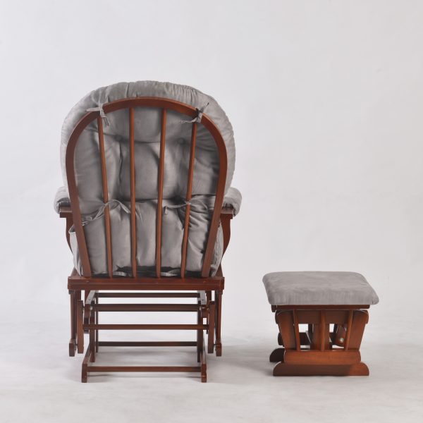 Wooden Nursery Glider Back View Back view of dark wood nursery glider chair with curved spindle frame