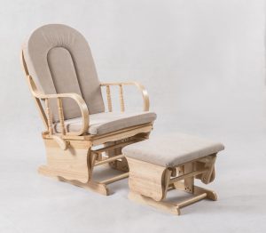 Wooden nursery glider chair with natural frame and matching ottoman