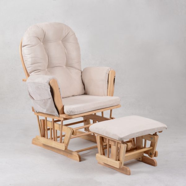 Natural wood Button Tufted Glider Chair with Ottoman in cream upholstery