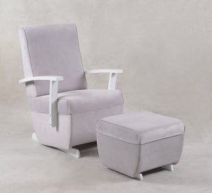 Light Gray Nursery Glider Chair with Ottoman Light gray high back nursery glider chair with white frame and ottoman