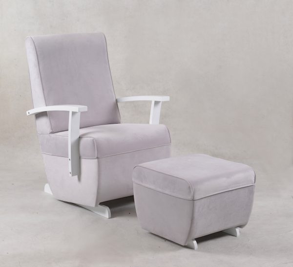 Light gray high back nursery glider chair with white frame and ottoman
