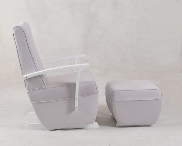 Side profile of high back nursery glider chair with white wood base