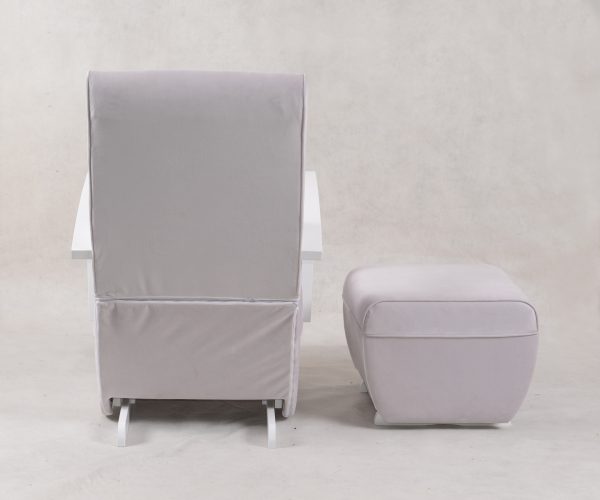 Rear view of light gray nursery glider chair with matching ottoman