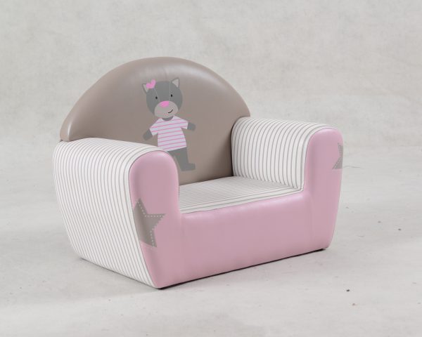Front view of pink cat children’s armchair sofa for playroom furniture