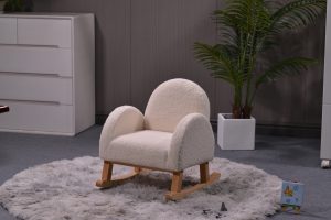 Cream upholstered kids rocking chair with wooden base Boucle Upholstered Kids Rocking Chair
