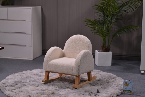 Cream upholstered kids rocking chair with wooden base Boucle Upholstered Kids Rocking Chair
