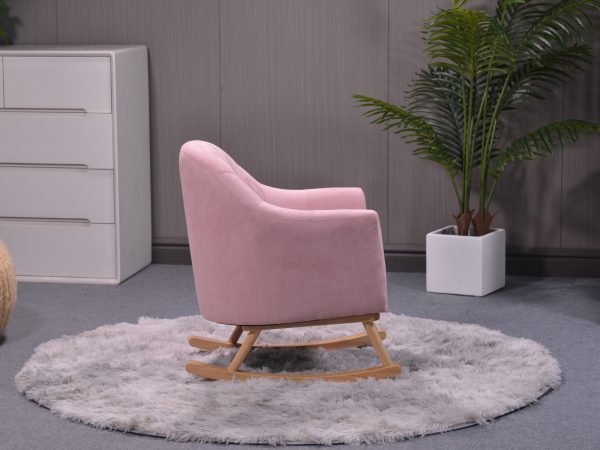Side view of children's rocking chair with wooden base
