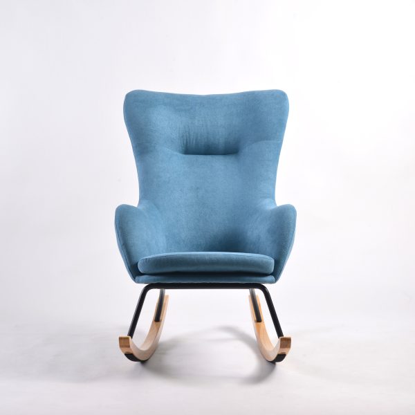 bllue wingback nursery rocking chair with wood rocker base