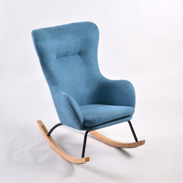 Blue wingback nursery rocking chair with high upholstered back