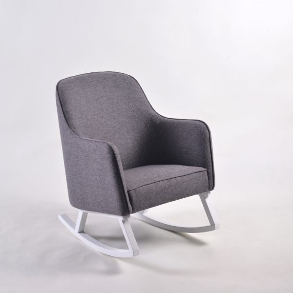 Upholstered Nursery Rocking Chair Upholstered nursery rocking chair with gray fabric and white wooden base