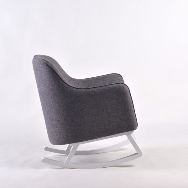 Gray Modern Nursery Rocking Chair Gray upholstered nursery rocking chair with curved white wooden rockers