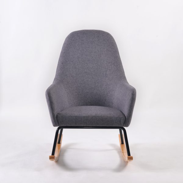 High Back Nursery Rocker Front View High back nursery rocker in gray upholstery with wood rocker base