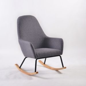 Gray high back nursery rocker with rounded upholstered armrests