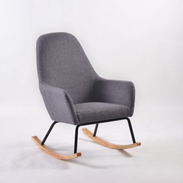 Gray High Back Nursery Rocker Gray high back nursery rocker with rounded upholstered armrests