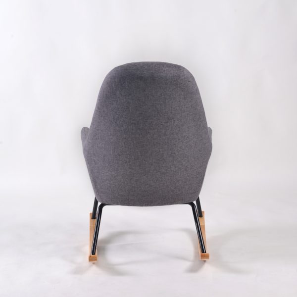 High Back Nursery Rocker Back View Back view of gray upholstered high back nursery rocker