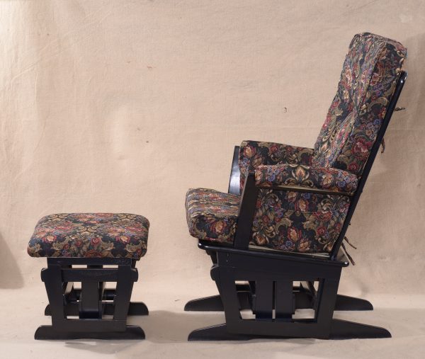 Side view of classic nursery glider chair with matching ottoman