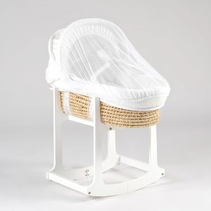 White wooden rocking bassinet stand with curved base