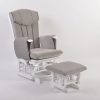 High Back Nursery Glider with Ottoman – Angled View High back nursery glider with gray upholstery, white wooden frame and matching ottoman