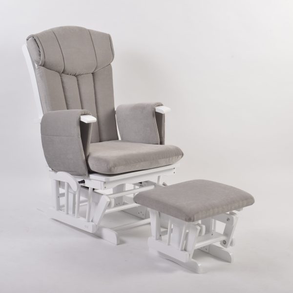 High Back Nursery Glider with Ottoman – Angled View High back nursery glider with gray upholstery, white wooden frame and matching ottoman