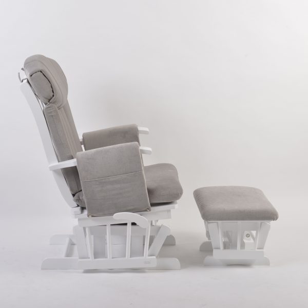 Padded Nursery Glider Chair – Side View Side view of padded nursery glider chair with high back and matching gliding ottoman