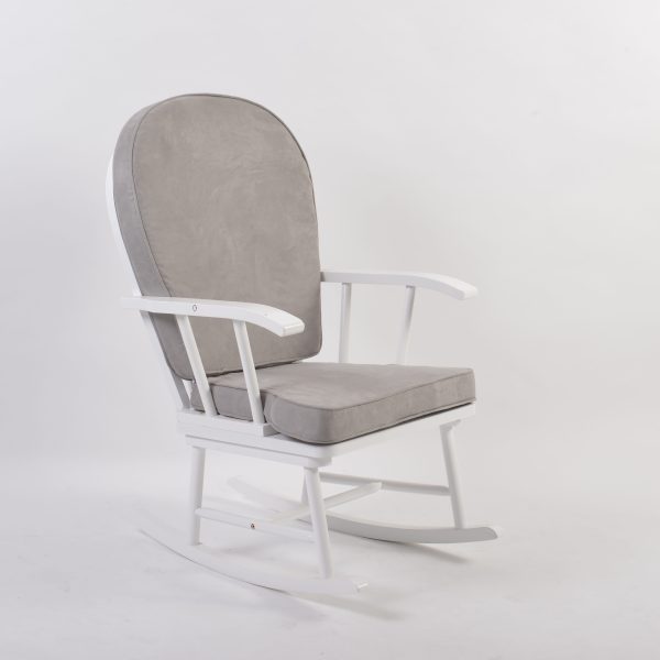 White wooden nursery rocking chair with light gray padded cushions
