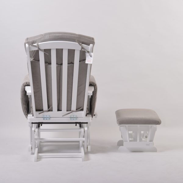 Wooden Nursery Glider Chair – Rear View Rear view of nursery glider chair showing white wooden frame and matching ottoman