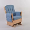 Blue fabric nursery glider chair with comfortable padded backrest and armrests