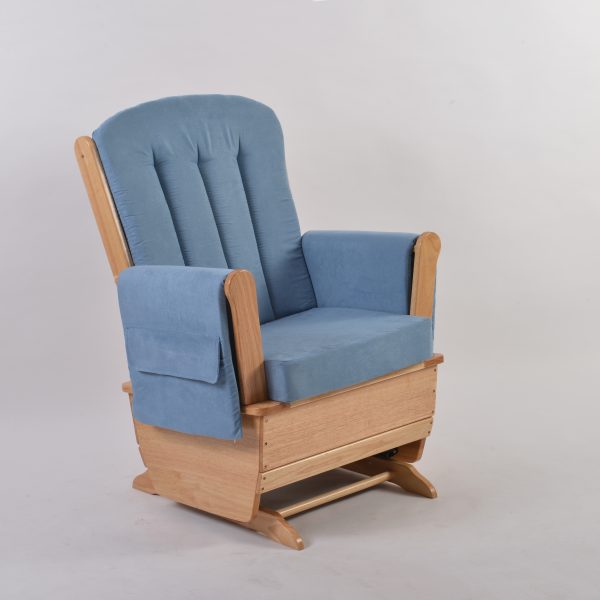 Blue fabric nursery glider chair with comfortable padded backrest and armrests