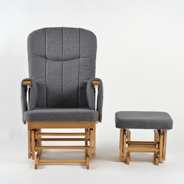 Gray Wooden Nursery Glider Chair Set Gray wooden nursery glider chair with matching gliding ottoman and natural wood frame