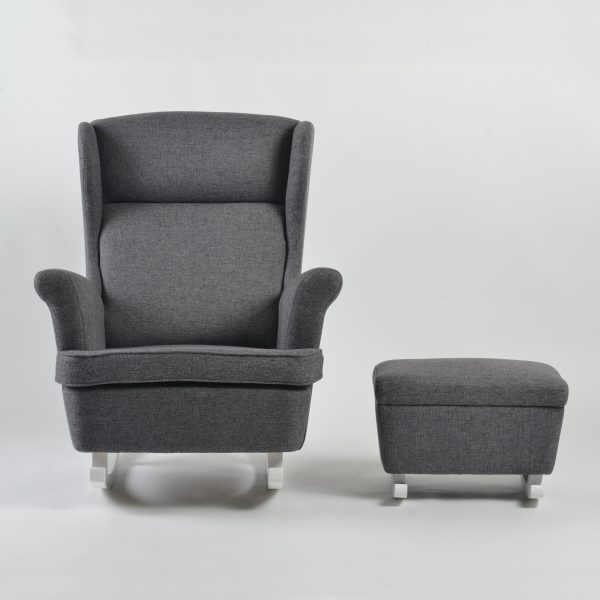 Wingback nursery glider with ottoman in gray upholstery and white base