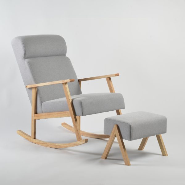 Gray Wooden Nursing Rocking Chair Gray upholstered wooden nursing rocking chair with matching ottoman