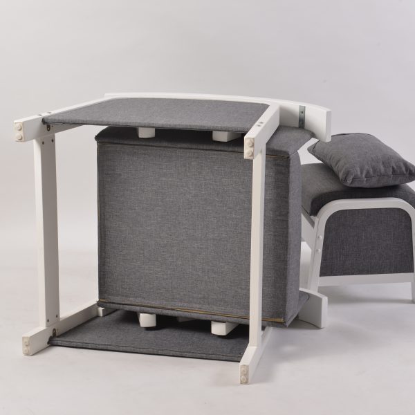 modern nursery chair with upholstered fabric and wooden armrest