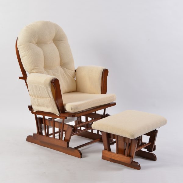 Cream Button Tufted Glider Chair with Ottoman showing curved wood arms